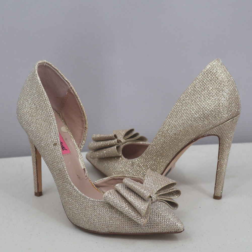 Betsey Johnson d'Orsay Glitter Bow Pumps Womens 7.5 Gold Stiletto Holiday Party